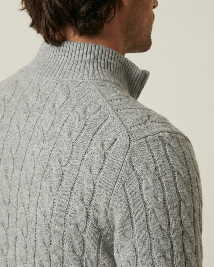 Pull homme à demi-fermeture éclair, col montant, maille torsadée - Moritz