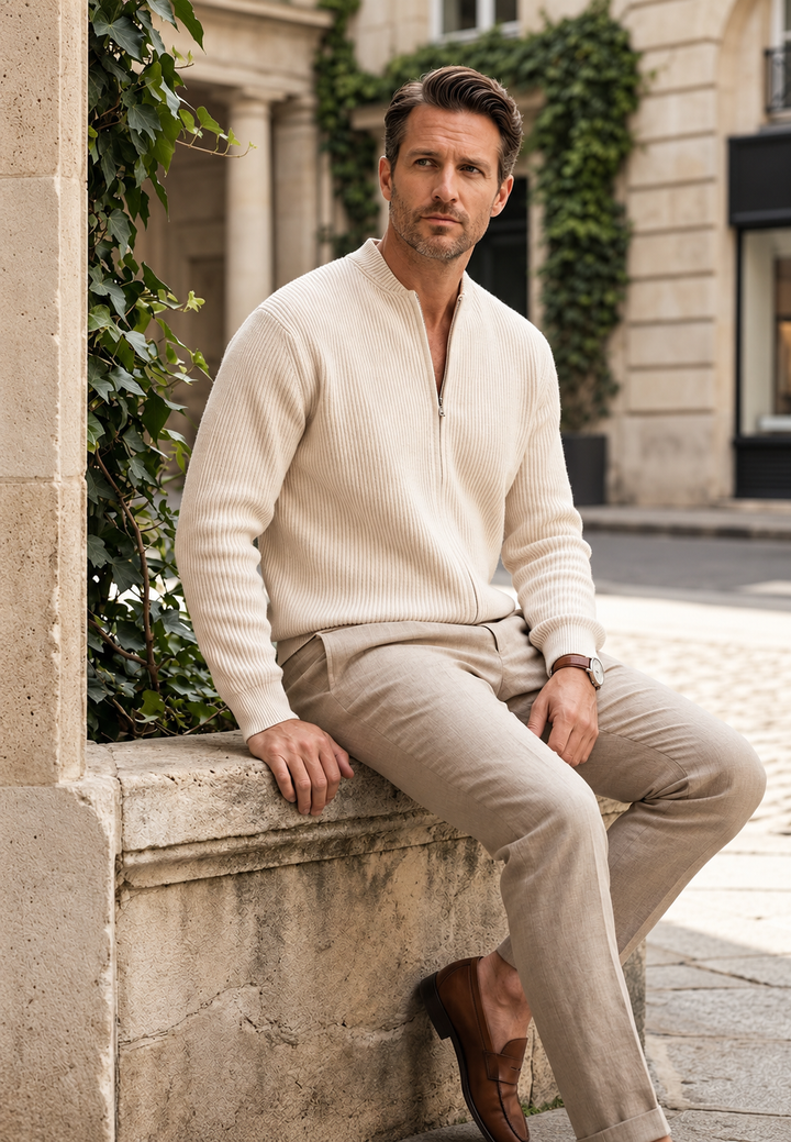 Pull homme en maille côtelée, col montant, demi-fermeture éclair - Blaise