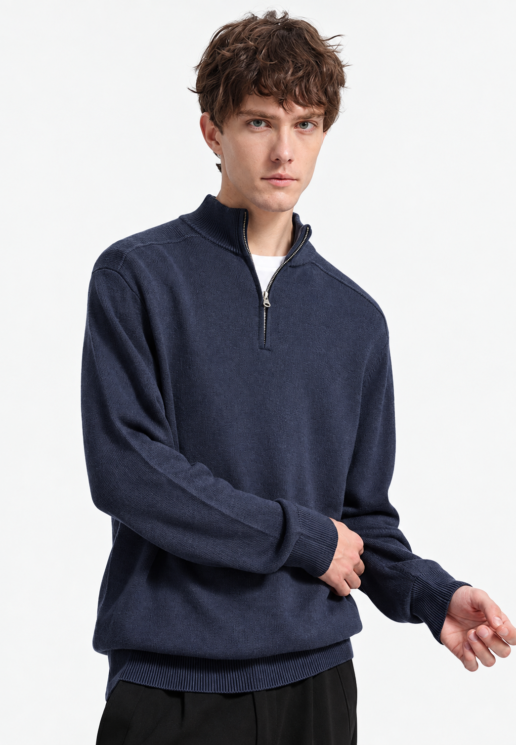 Pull en laine mérinos pour homme, demi-fermeture éclair, col montant - Florent