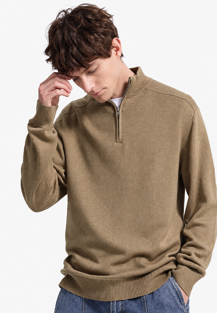 Pull en laine mérinos pour homme, demi-fermeture éclair, col montant - Florent