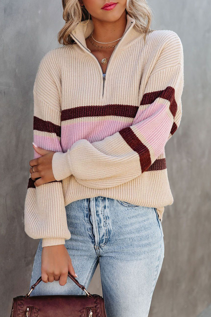 Pull femme à côtes, col montant et demi-fermeture éclair - Ylva