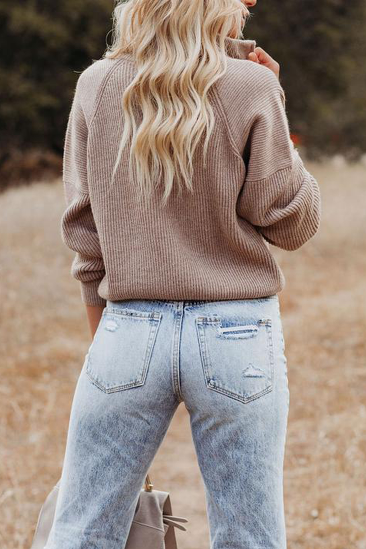 Pull femme à côtes, col montant et demi-fermeture éclair - Ylva