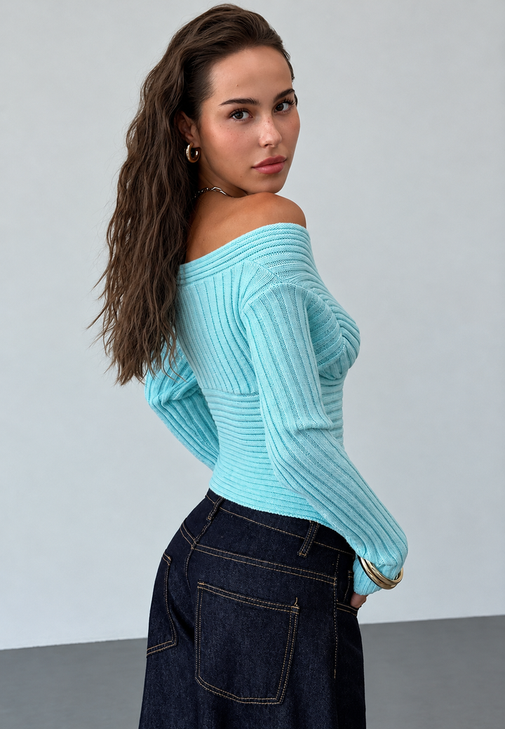 Pull femme côtelé épaules dénudées encolure croisée coupe ajustée - Ariadna