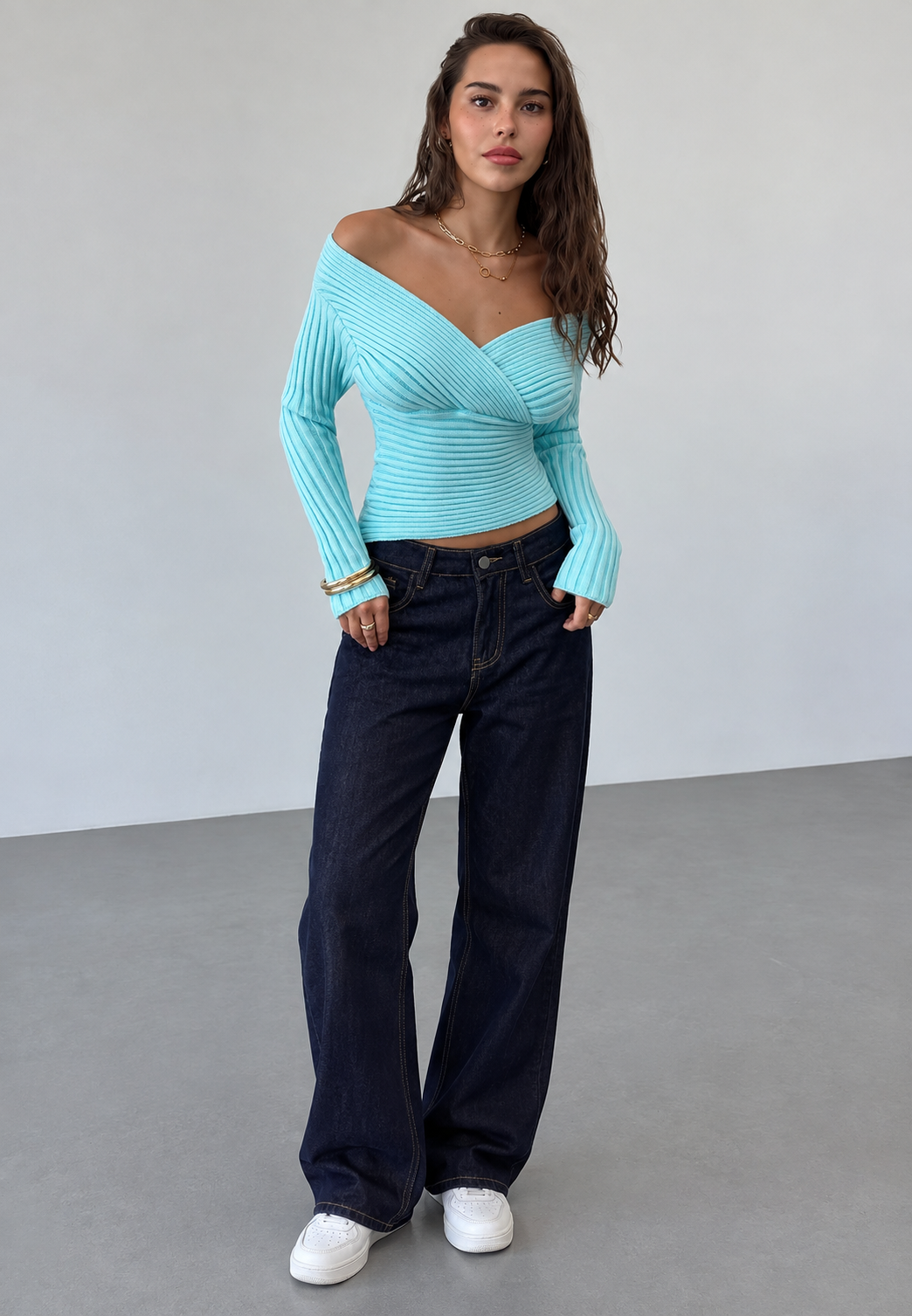 Pull femme côtelé épaules dénudées encolure croisée coupe ajustée - Ariadna