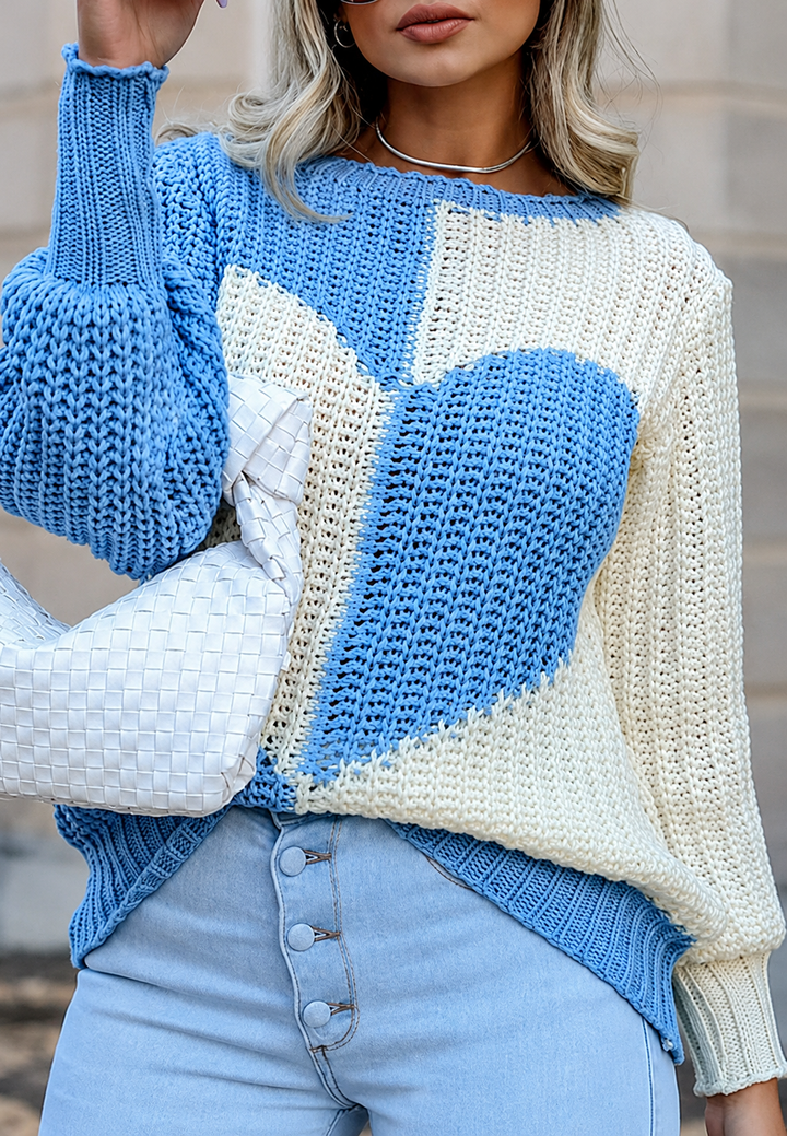 Pull femme à motif cœur bicolore et col rond - Tabea