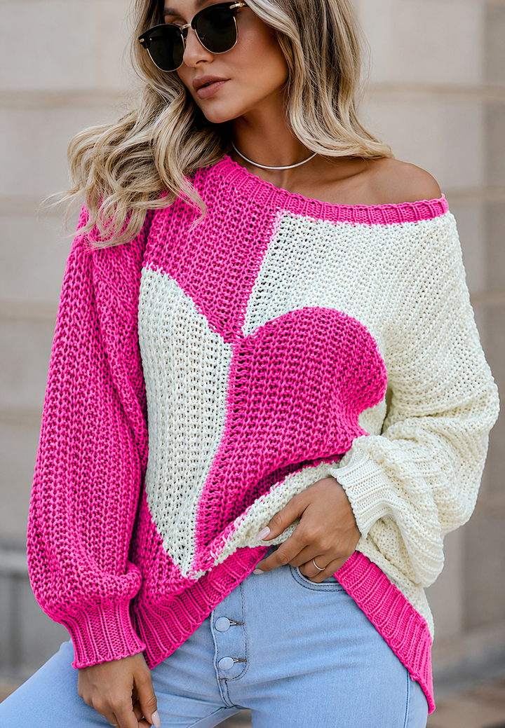 Pull femme à motif cœur bicolore et col rond - Tabea