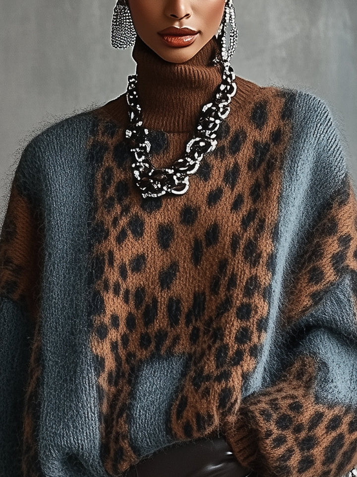Pull femme à col roulé oversize à imprimé léopard - Linnea
