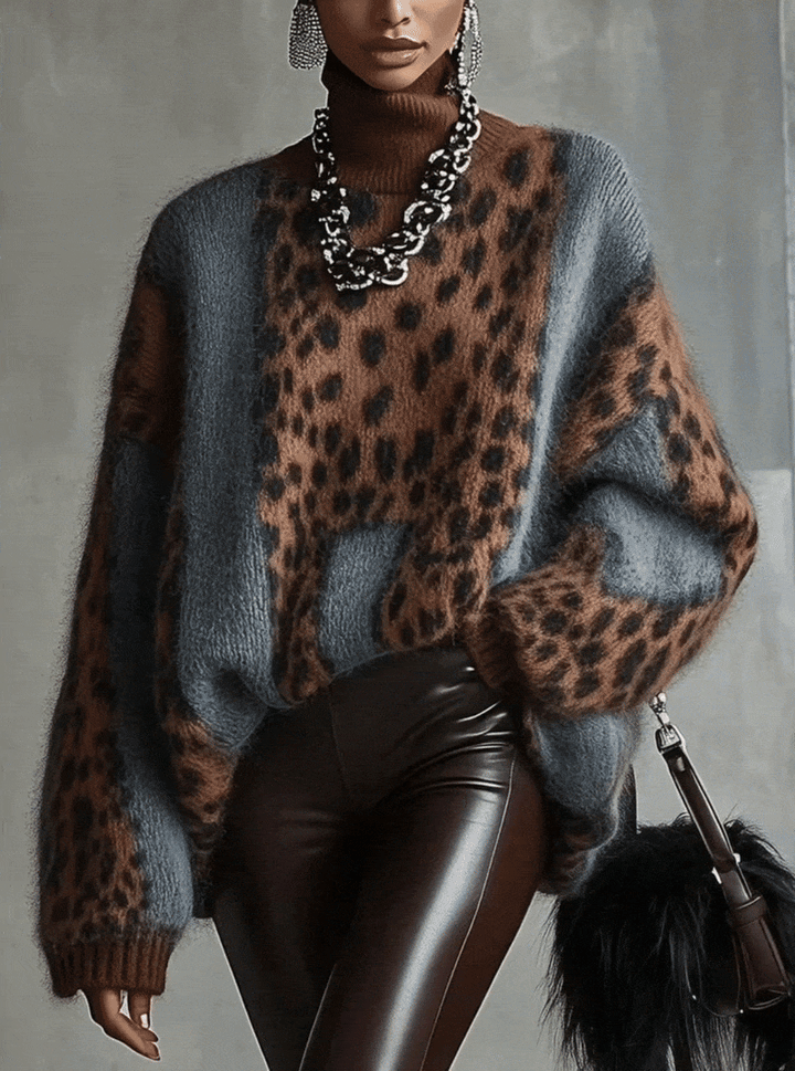 Pull femme à col roulé oversize à imprimé léopard - Linnea