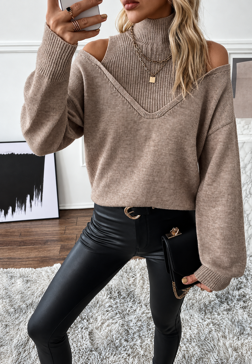 Pull femme col montant épaules dénudées effet double épaisseur - Mirevna