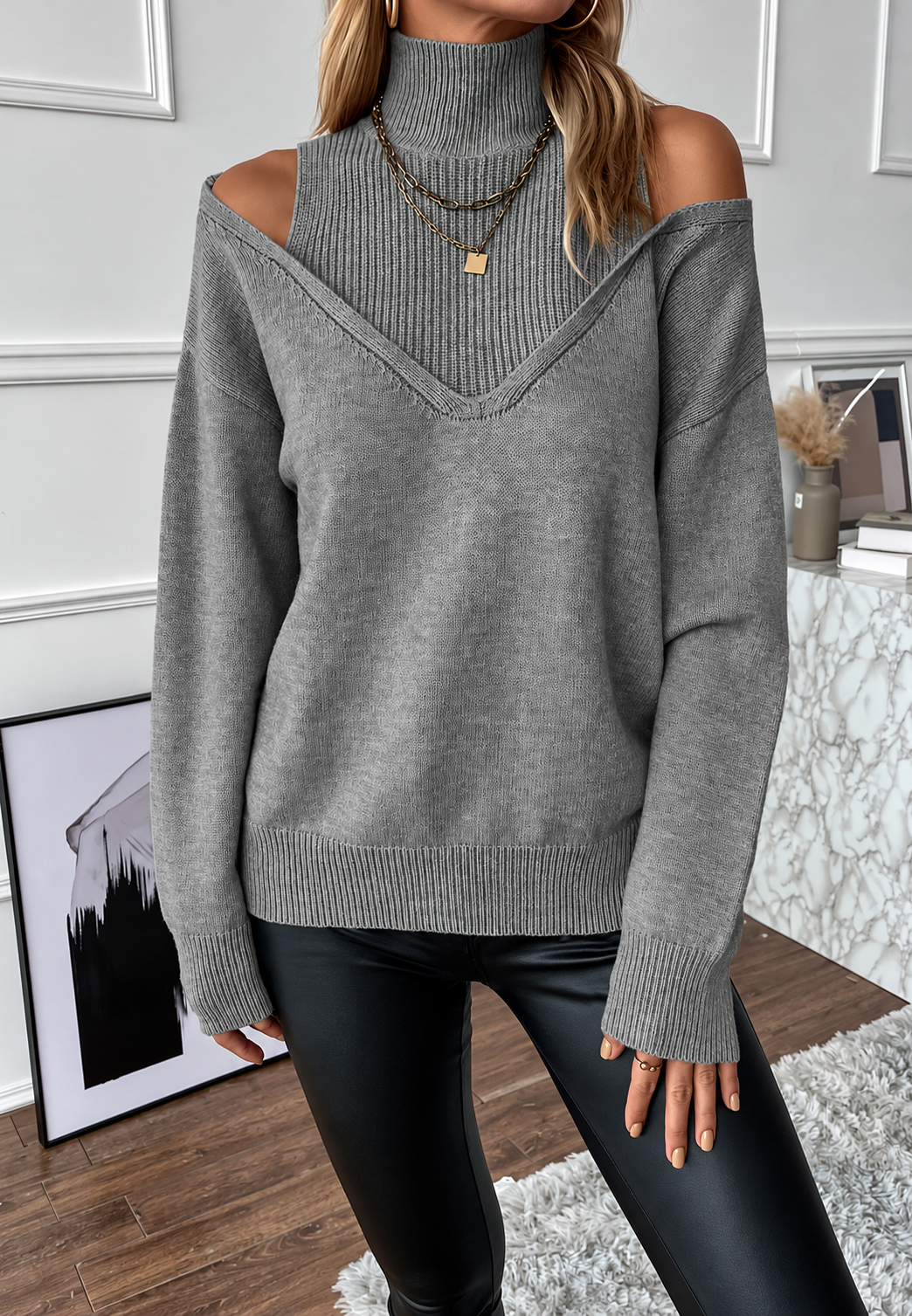 Pull femme col montant épaules dénudées effet double épaisseur - Mirevna