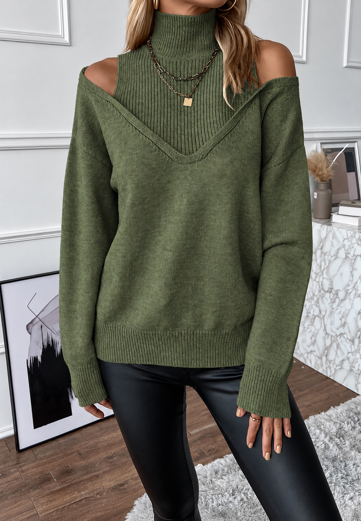 Pull femme col montant épaules dénudées effet double épaisseur - Mirevna