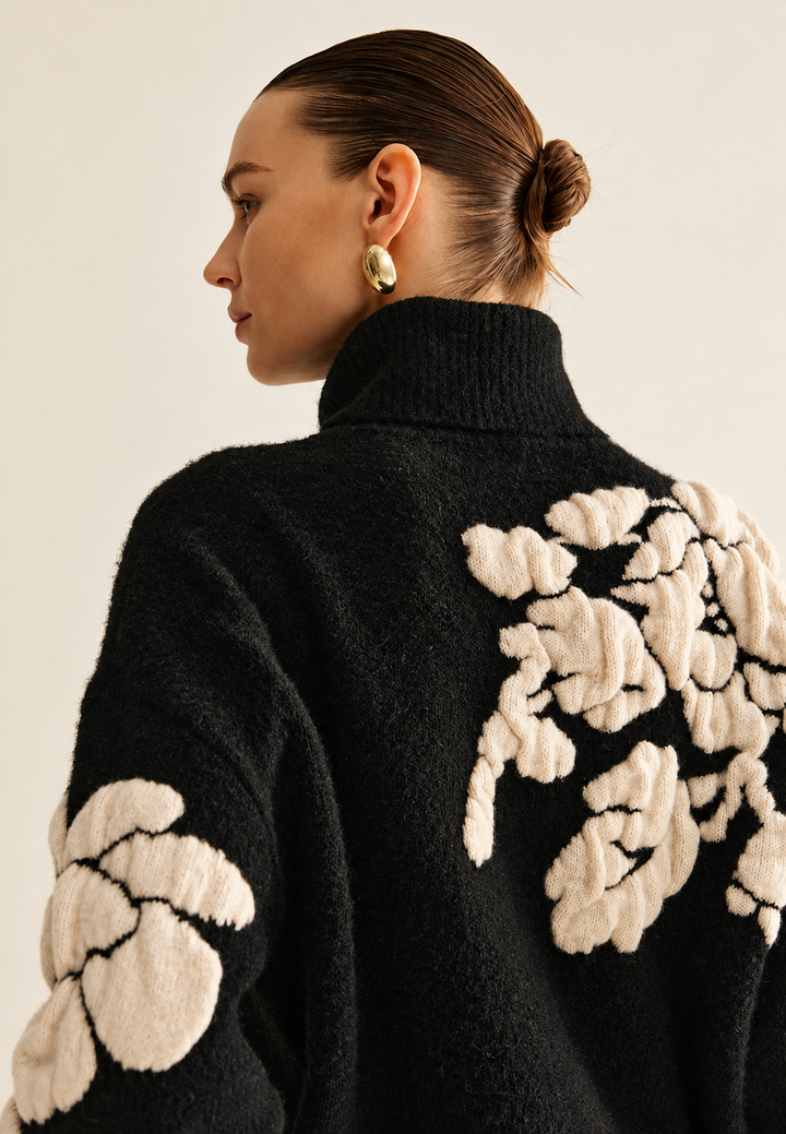 Pull femme col montant jacquard floral coupe ample - Briseida