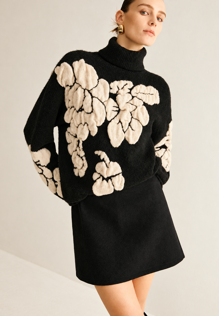 Pull femme col montant jacquard floral coupe ample - Briseida