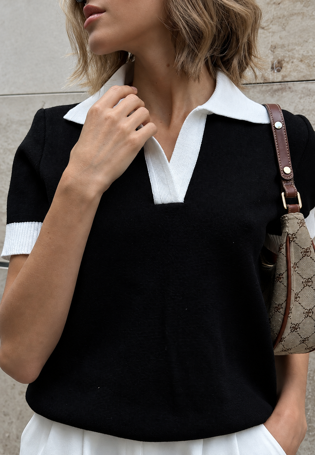 Pull femme col polo manches courtes bordures contrastantes - Sabela