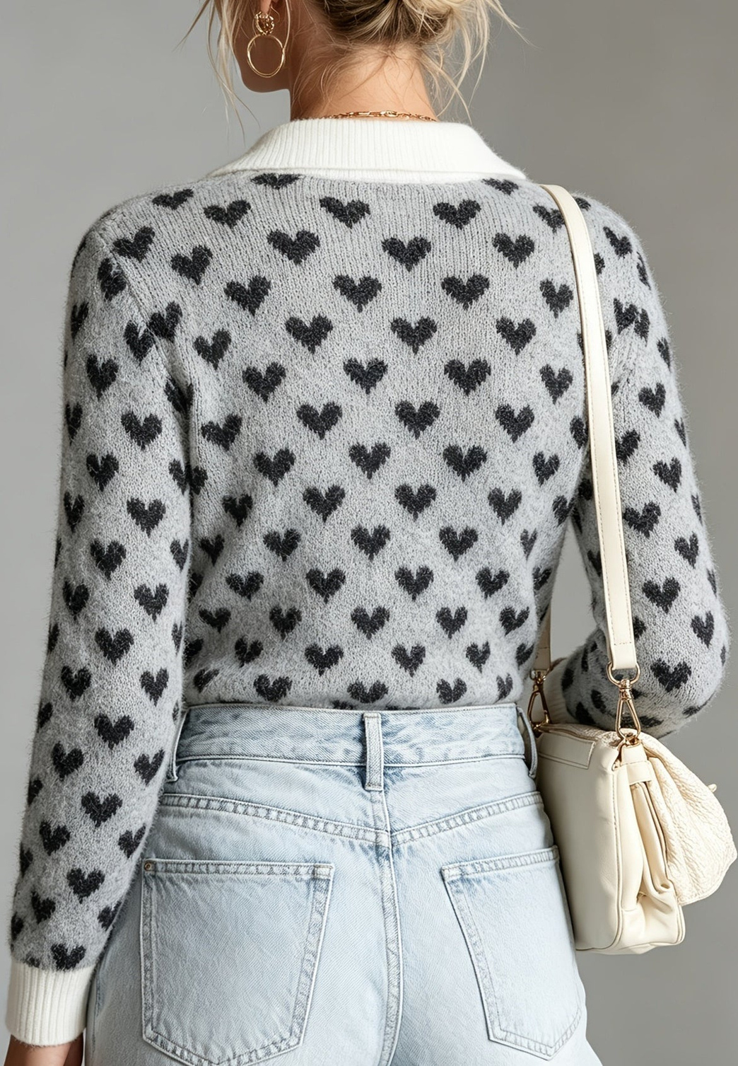 Pull femme à cœurs col polo col V manches longues - Nerina