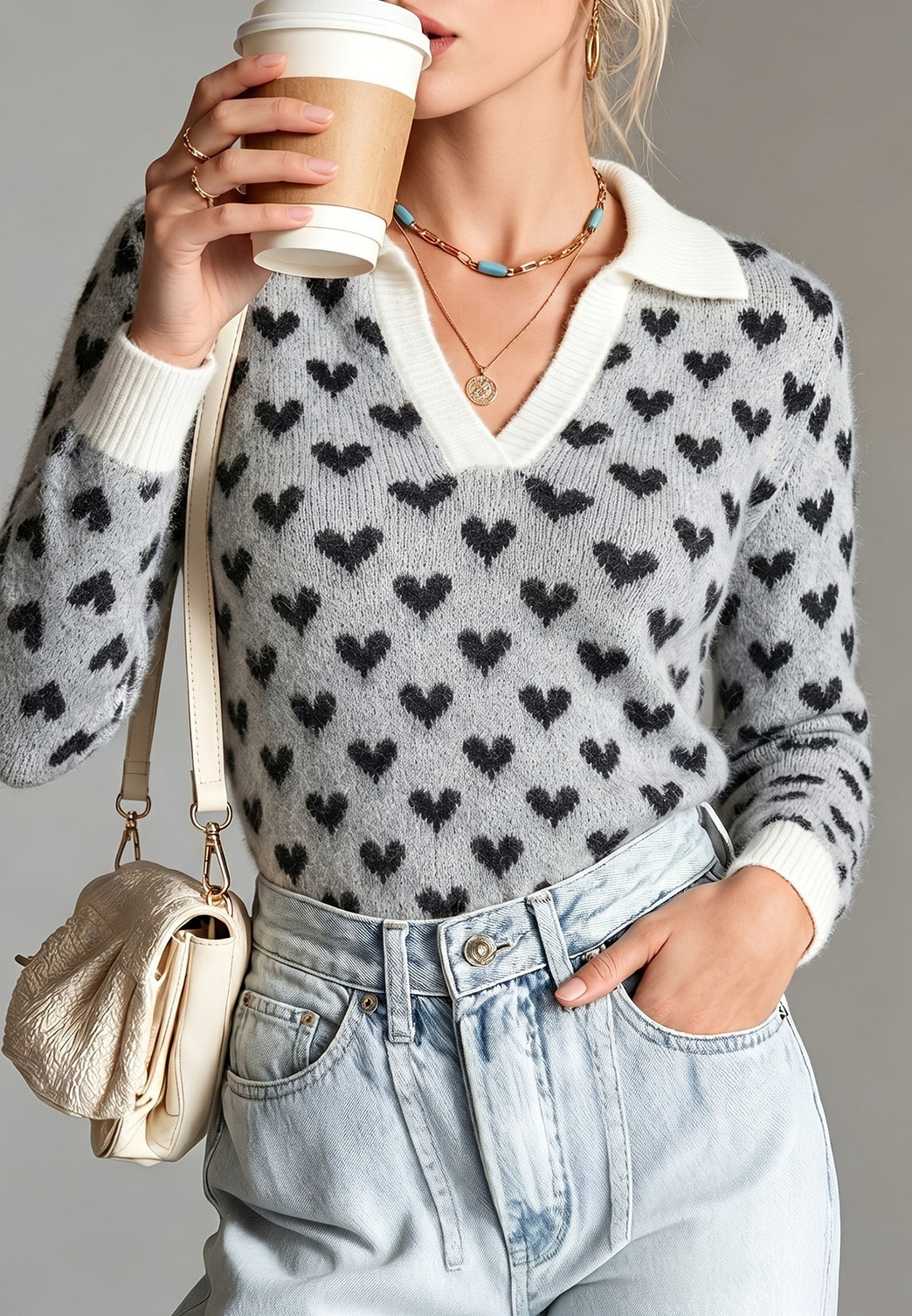 Pull femme à cœurs col polo col V manches longues - Nerina
