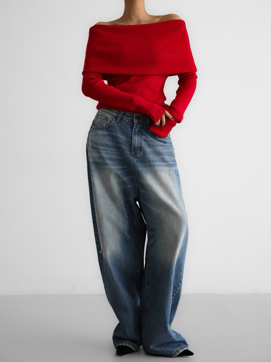 Pull femme à épaules dénudées, encolure bateau et manches longues - Maëlle