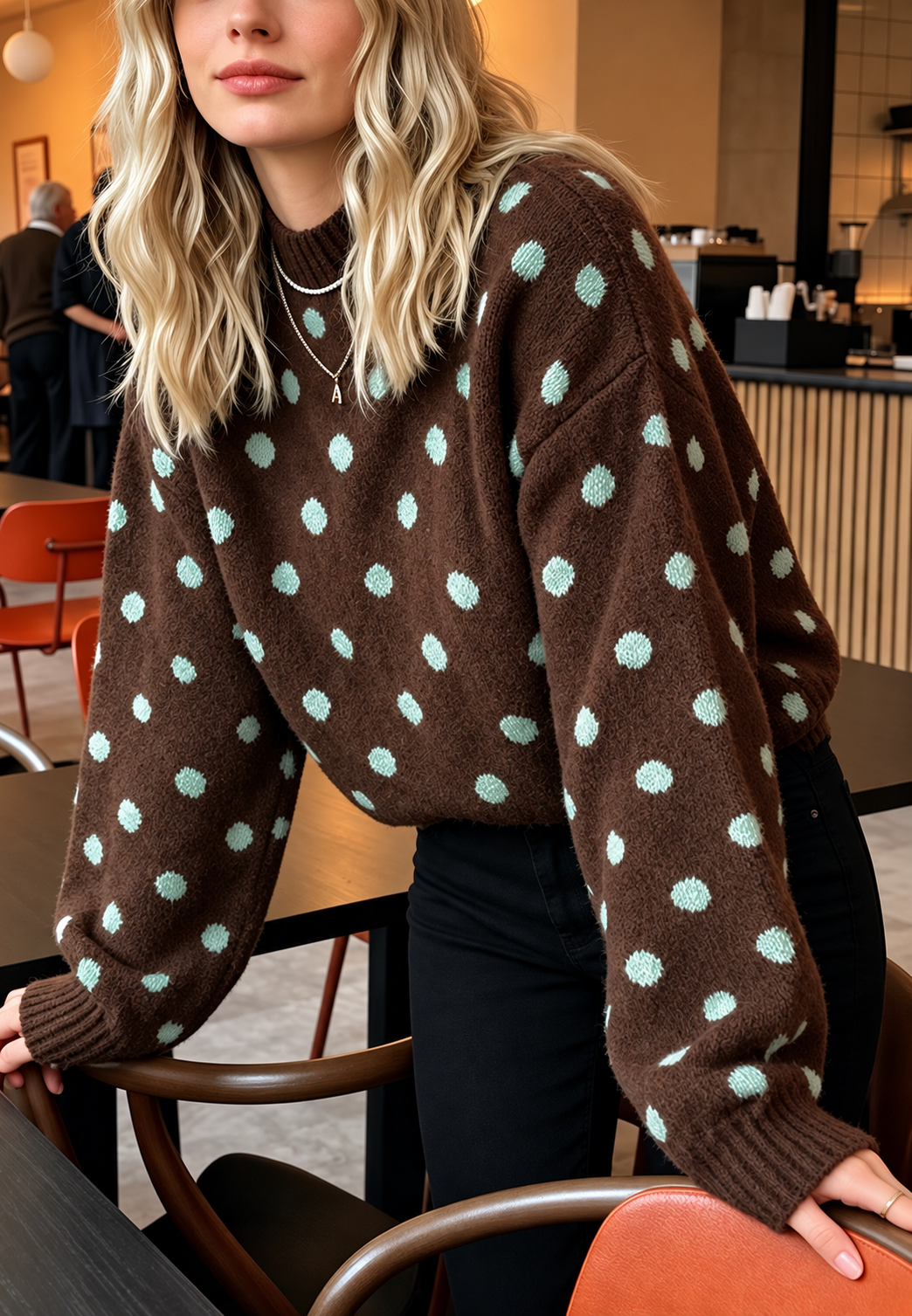Pull femme à pois contrastants col rond manches longues - Aroa