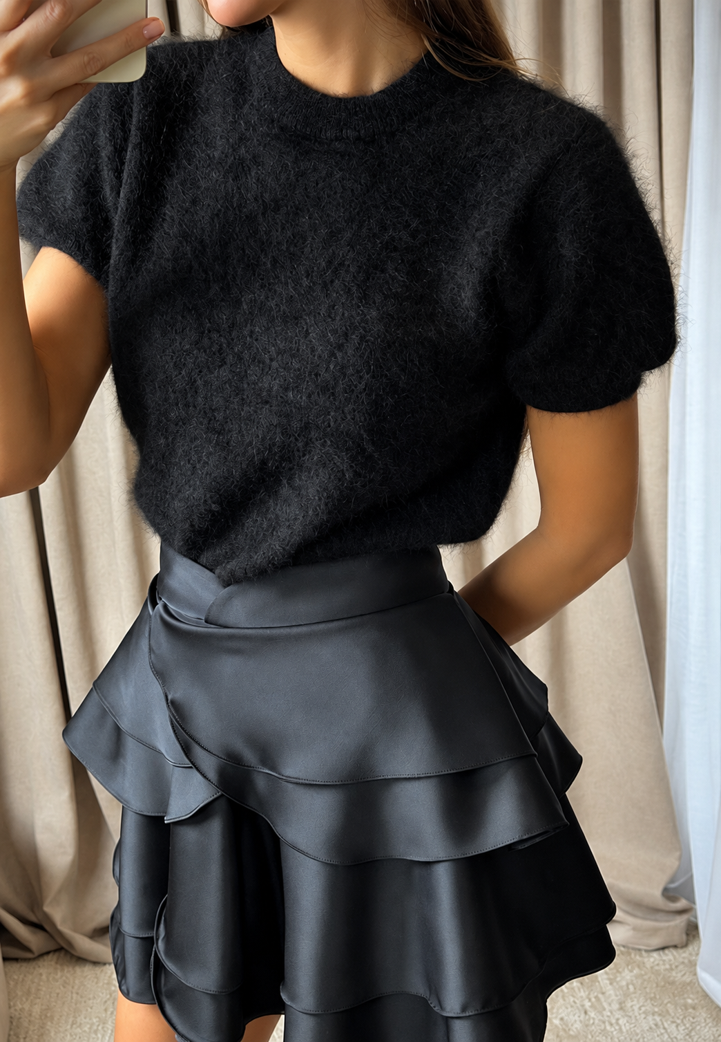 Pull femme manches courtes col rond maille effet brossé - Narela
