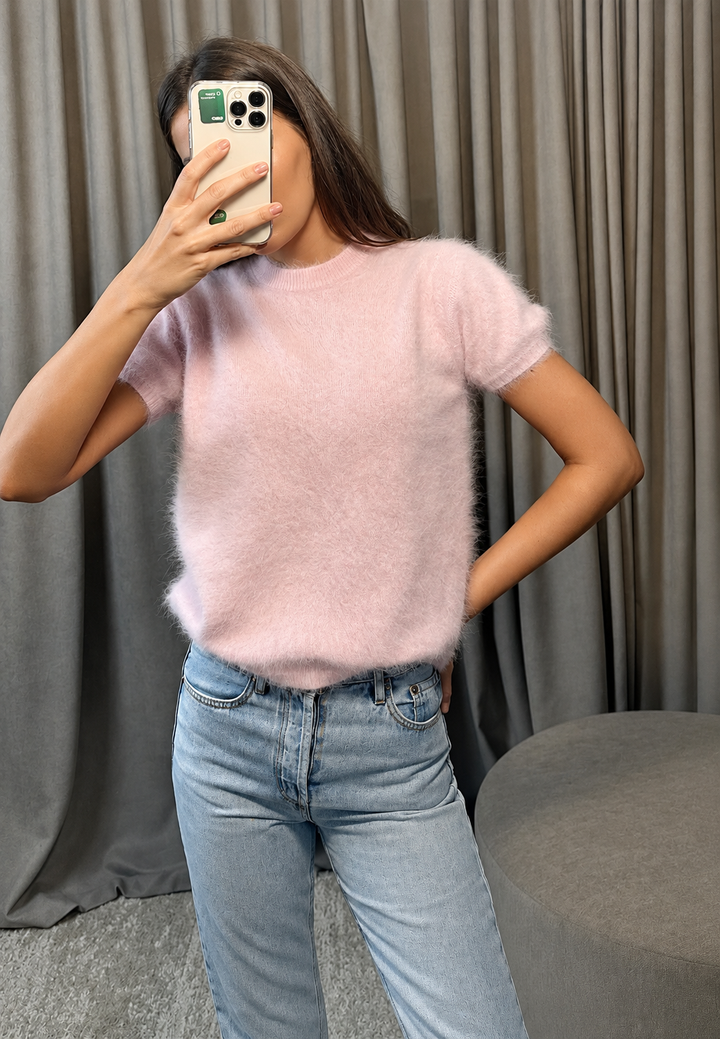 Pull femme manches courtes col rond maille effet brossé - Narela