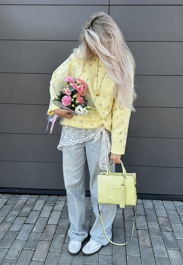 Pull femme oversize à motif floral, col rond et manches longues - Anouk