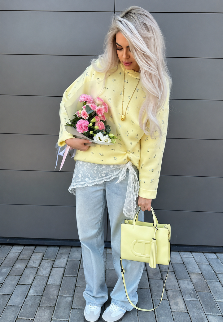 Pull femme oversize à motif floral, col rond et manches longues - Anouk