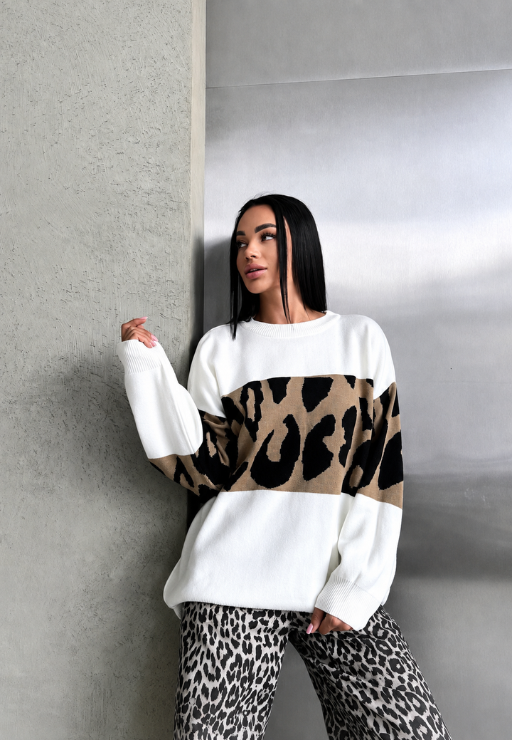 Pull femme oversize à imprimé léopard et blocs de couleur - Delphine