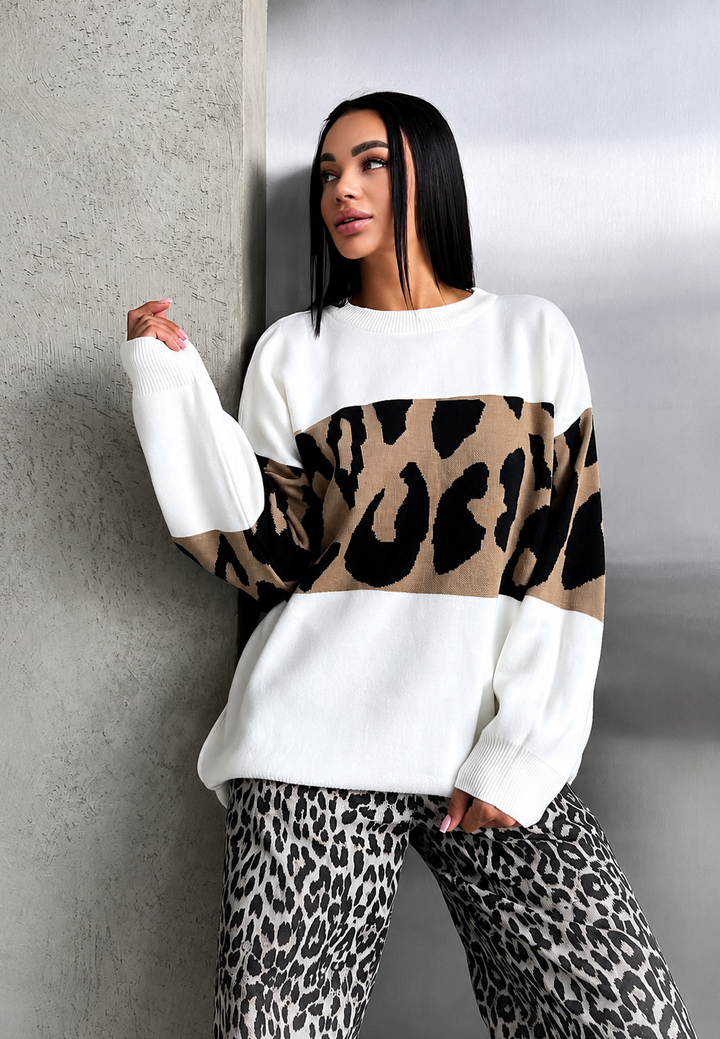 Pull femme oversize à imprimé léopard et blocs de couleur - Delphine
