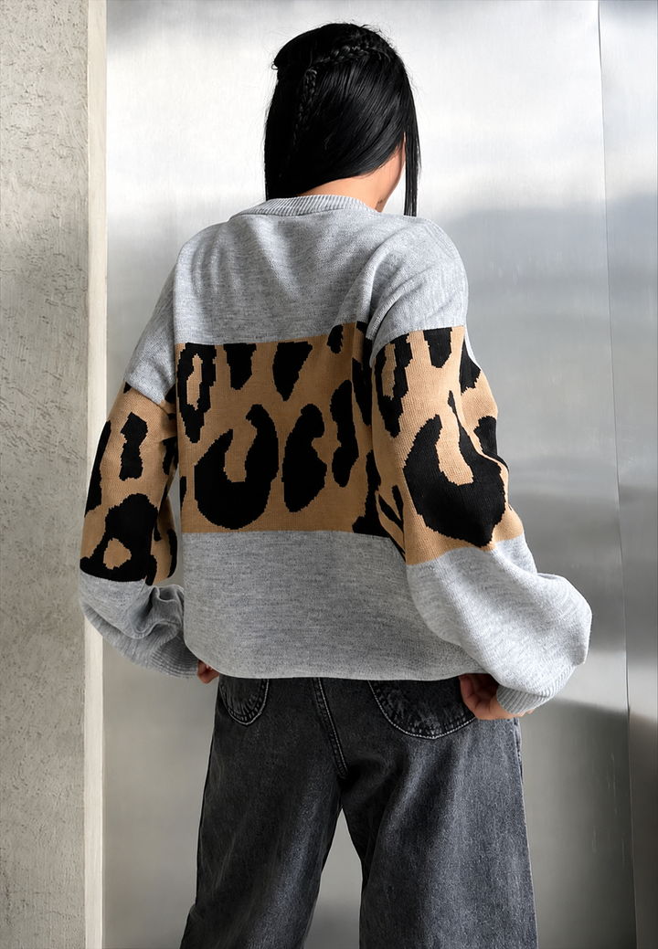 Pull femme oversize à imprimé léopard et blocs de couleur - Delphine