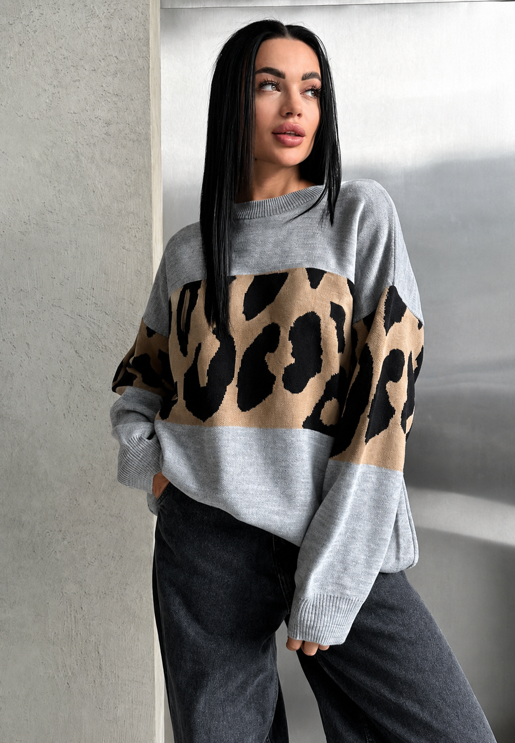 Pull femme oversize à imprimé léopard et blocs de couleur - Delphine