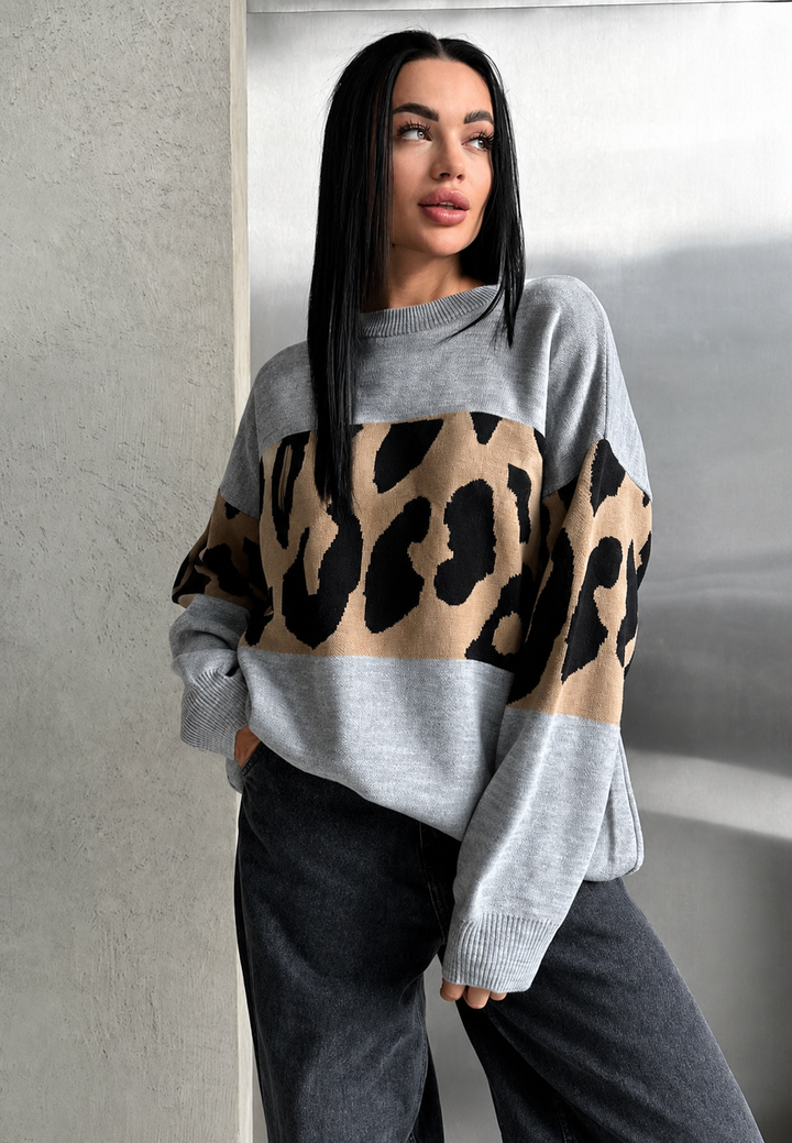 Pull femme oversize à imprimé léopard et blocs de couleur - Delphine