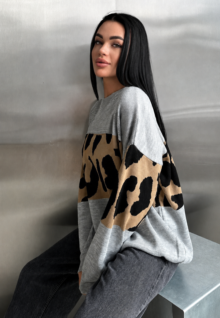 Pull femme oversize à imprimé léopard et blocs de couleur - Delphine
