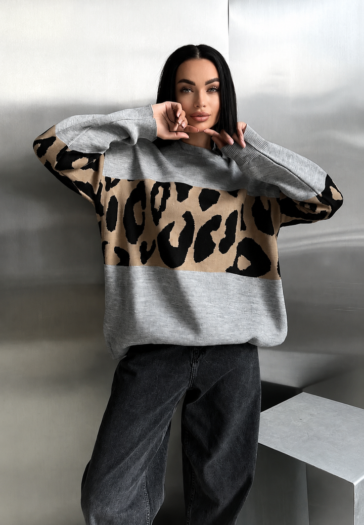 Pull femme oversize à imprimé léopard et blocs de couleur - Delphine