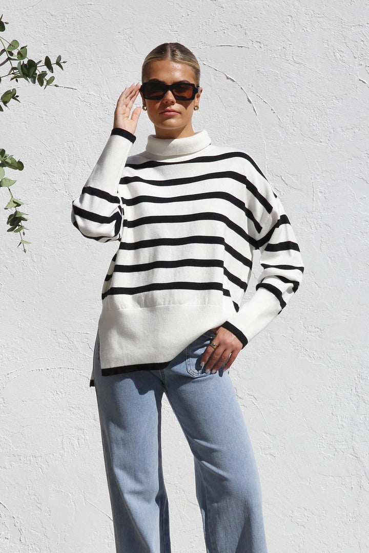 Pull femme oversize à rayures et col montant - Runa