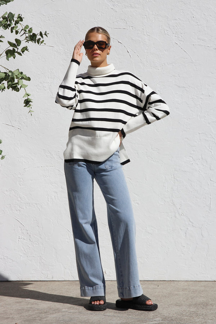 Pull femme oversize à rayures et col montant - Runa