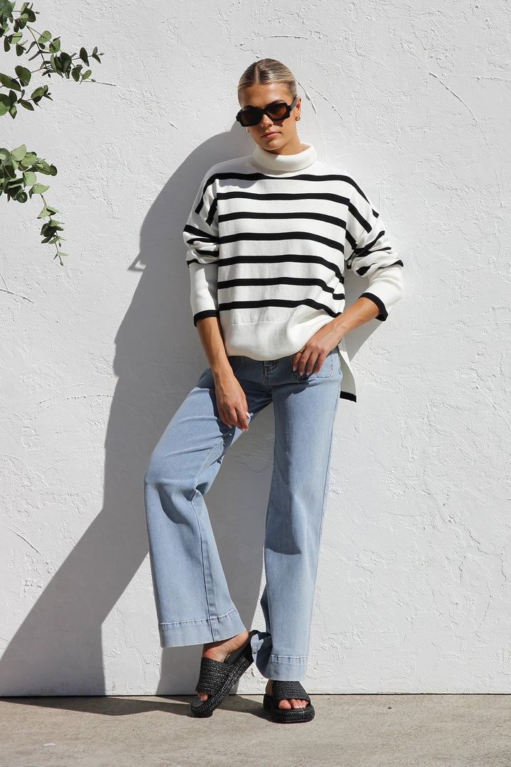 Pull femme oversize à rayures et col montant - Runa