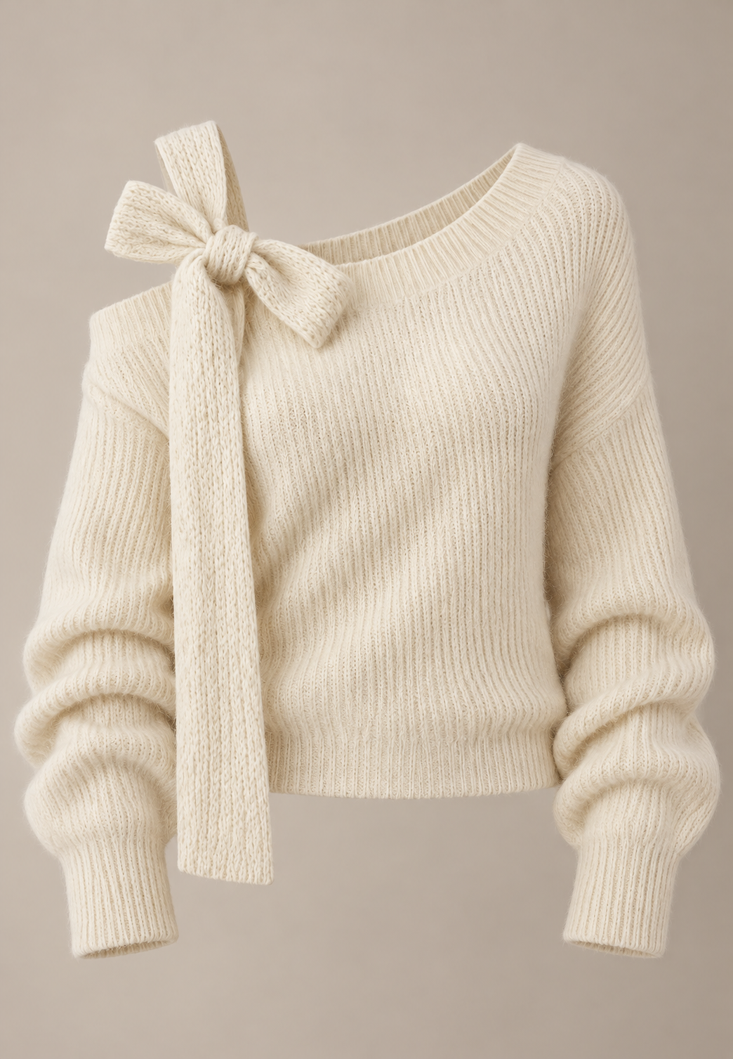 Pull femme côtelé col asymétrique épaule dénudée nœud - Lisbet