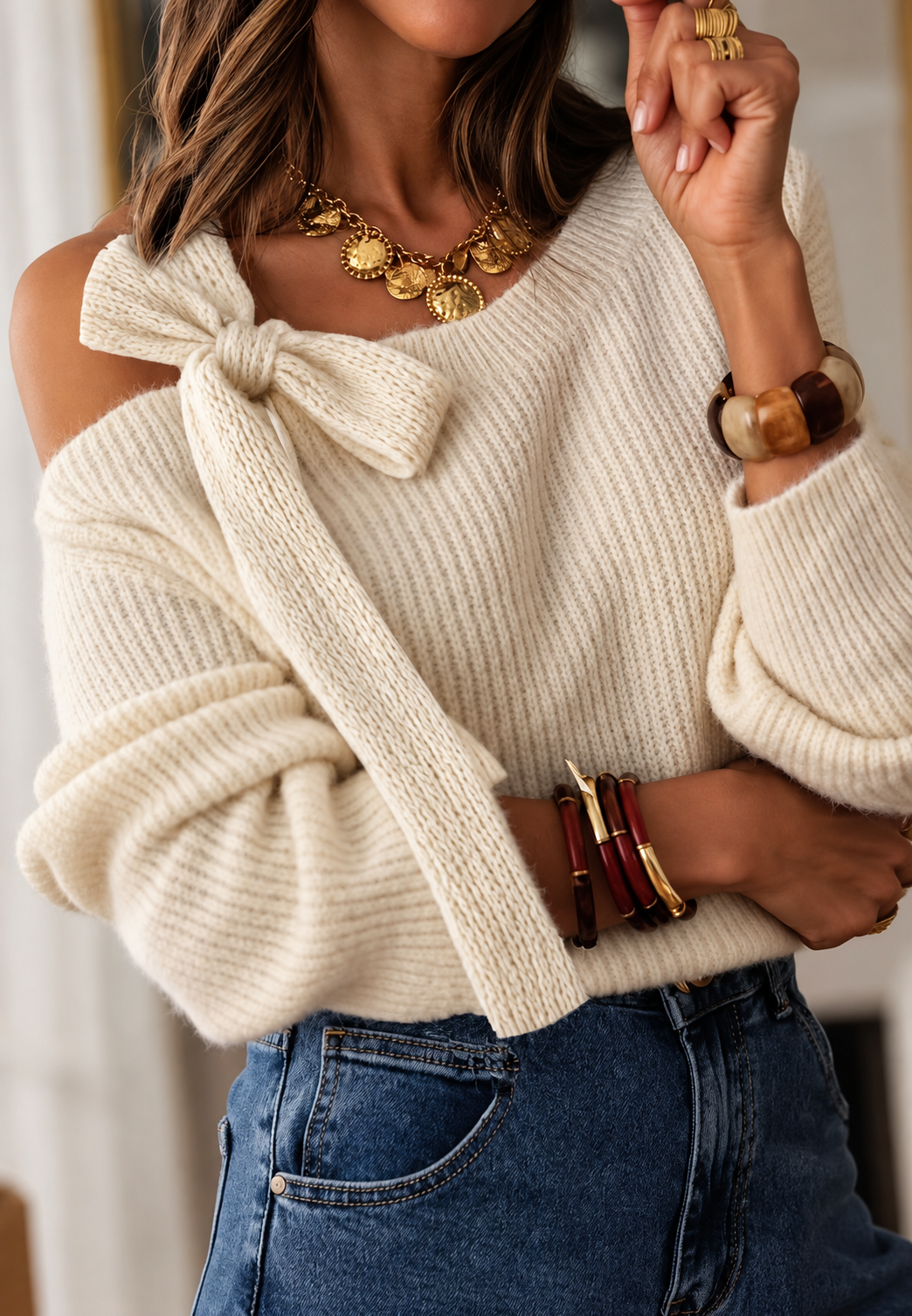 Pull femme côtelé col asymétrique épaule dénudée nœud - Lisbet