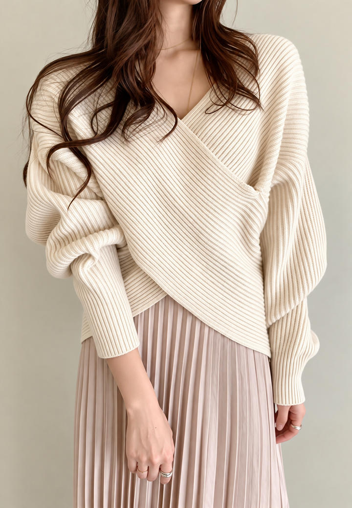 Pull femme côtelé croisé col V épaules dénudées - Mirelda
