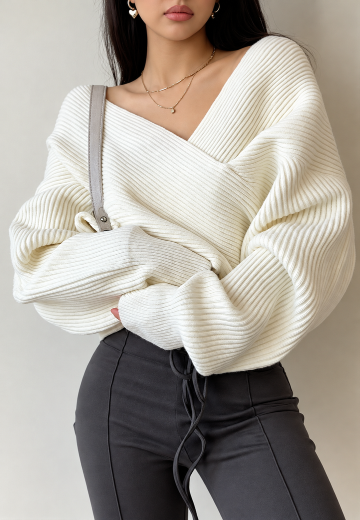 Pull femme côtelé croisé col V épaules dénudées - Mirelda