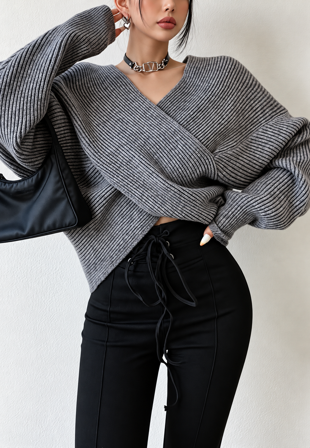 Pull femme côtelé croisé col V épaules dénudées - Mirelda