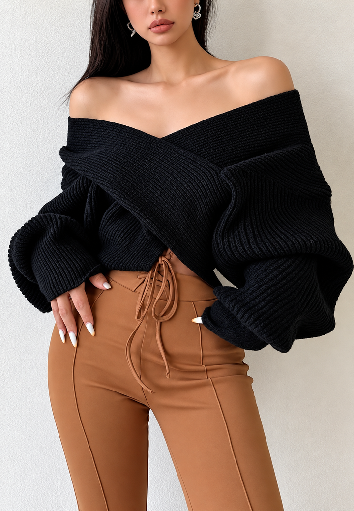 Pull femme côtelé croisé col V épaules dénudées - Mirelda