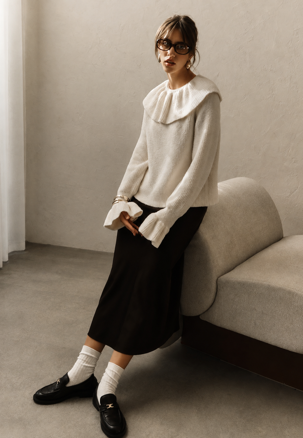 Pull femme en maille à col volanté et manches longues - Capucine