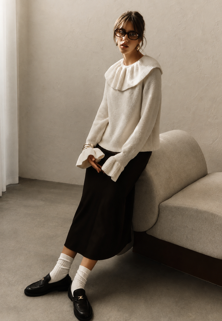 Pull femme en maille à col volanté et manches longues - Capucine