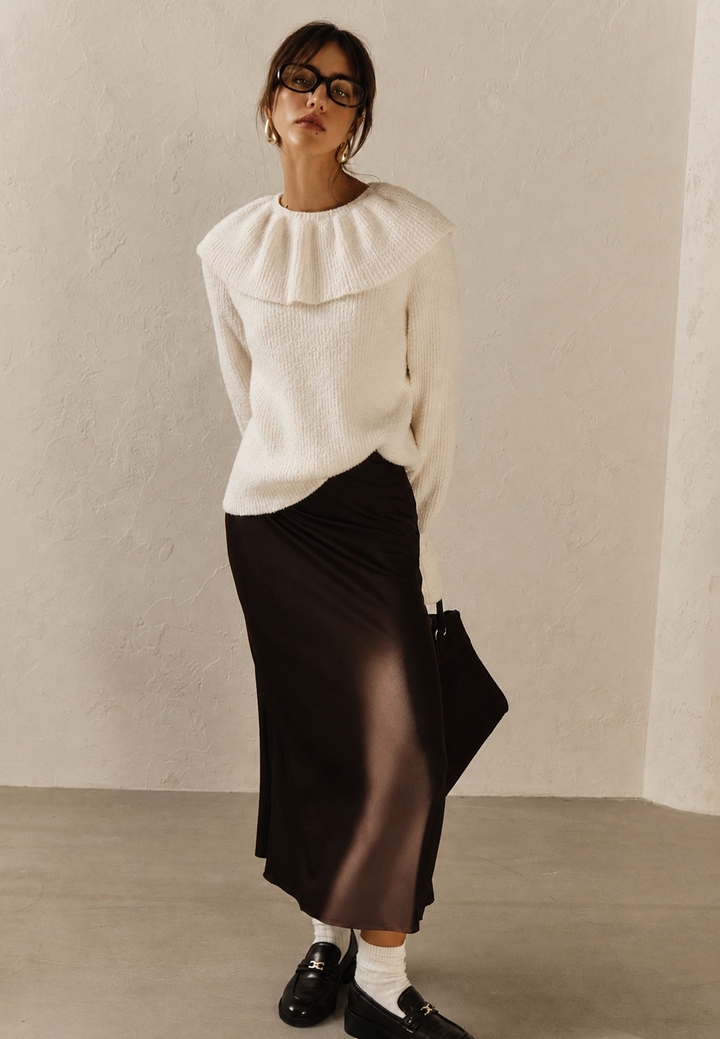 Pull femme en maille à col volanté et manches longues - Capucine