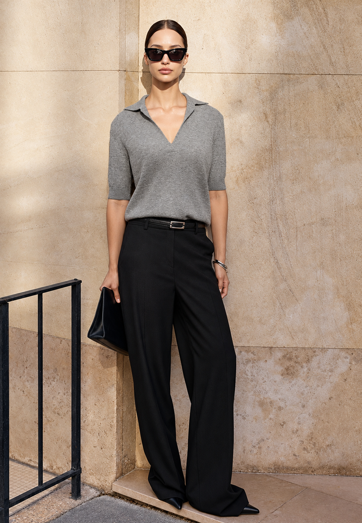 Pull femme en maille fine col polo manches courtes col V - Lidia