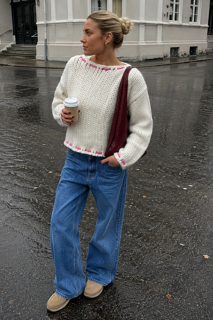 Pull femme en maille épaisse, encolure bateau et nœuds - Léonie