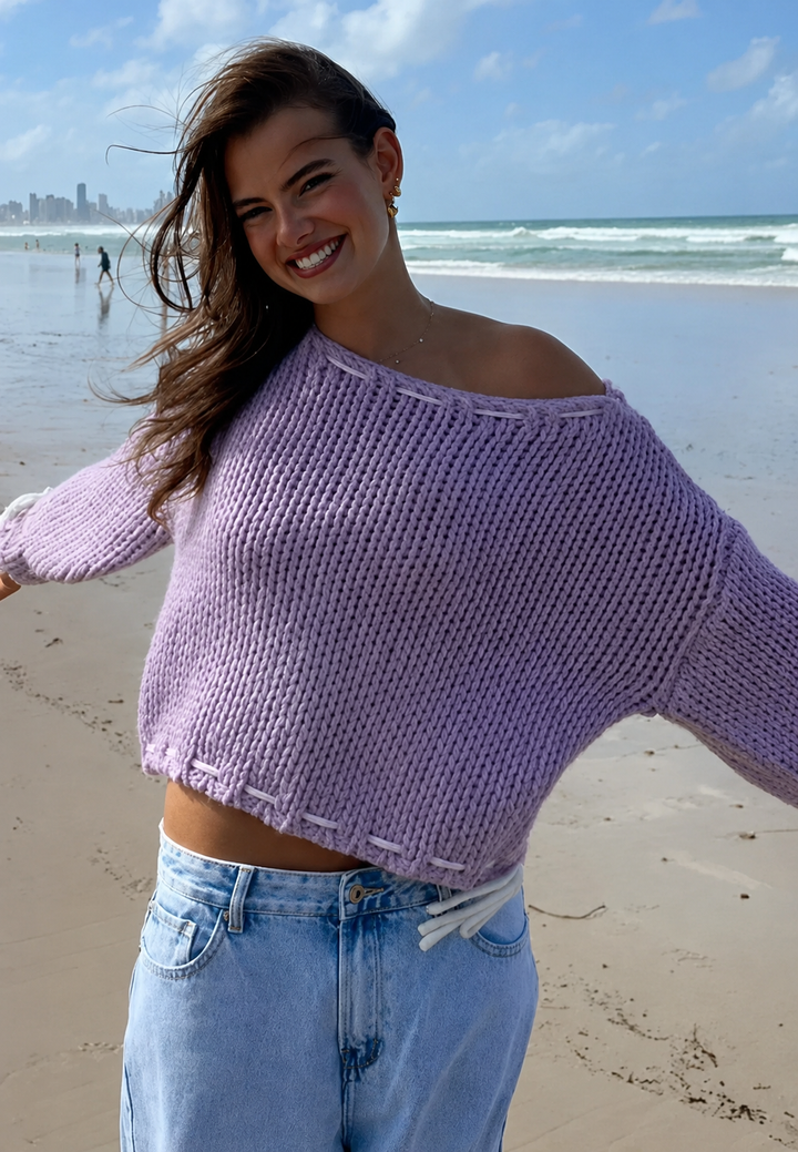 Pull femme en maille épaisse, encolure bateau et nœuds - Léonie