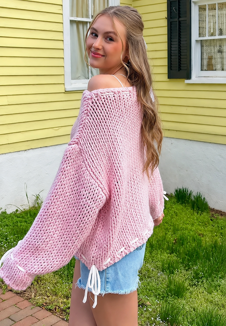 Pull femme en maille épaisse, encolure bateau et nœuds - Léonie