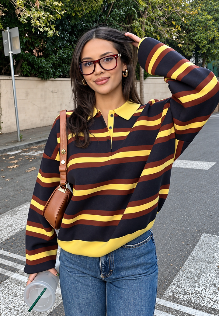 Pull femme à rayures horizontales col polo coupe ample - Naima